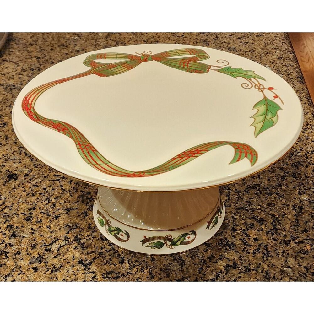 Holly Holiday Home for the Holidays Cake Stand Plaid Ribbon Stand Gold Trim 11"